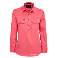 Women Half Button Long Sleeves Double Pocket Workshirts